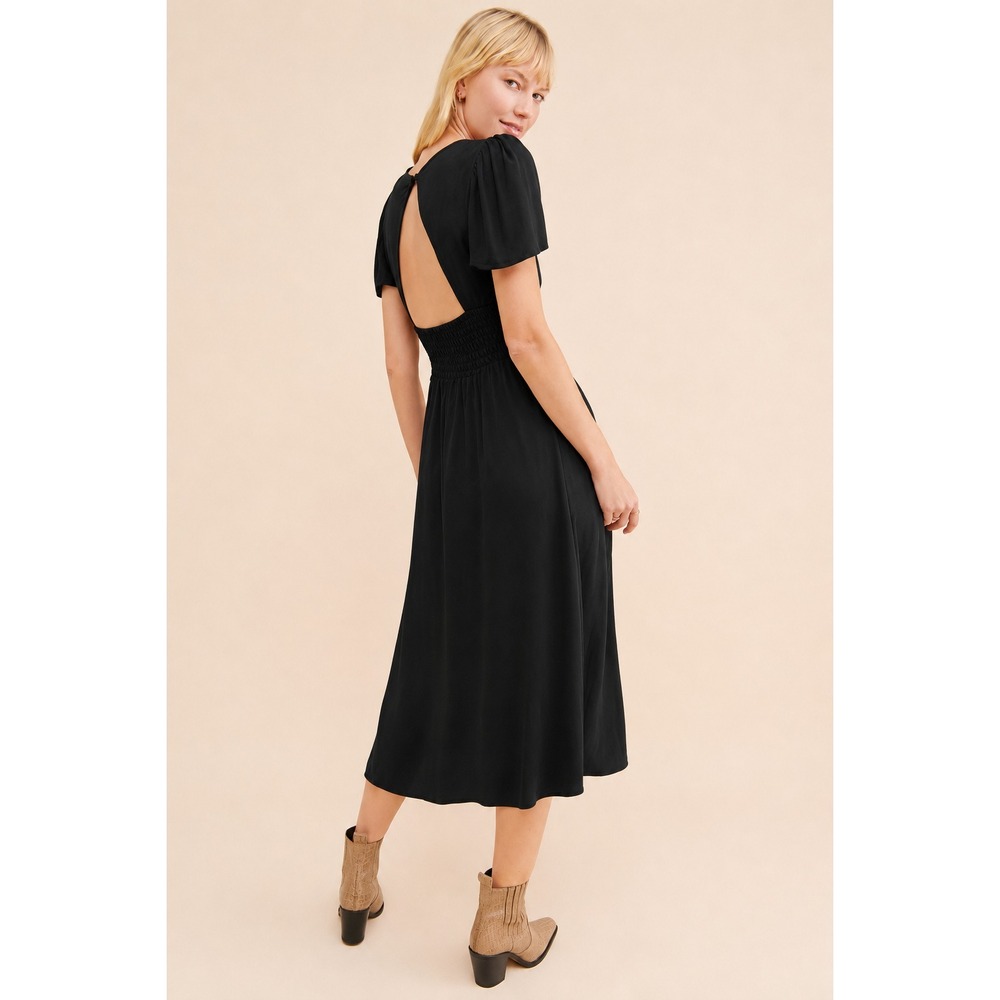 AFRM Jamie Midi Dress Lg Black Empire Waist Puff Sleeve Open Back Classic Retro - Picture 5 of 11